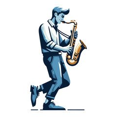 Musician playing saxophone, music player performing solo, holding sax instrument in hands, man saxophonist, jazz and blues performance. Flat vector illustration isolated on white background