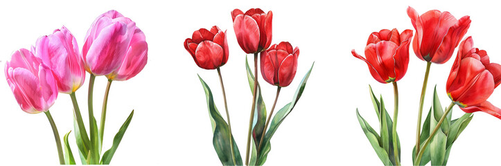red & pink tulips isolated on a transparent or white background, PNG