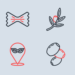 Set line Olives branch, Carnival mask, and Macaroni icon. Vector