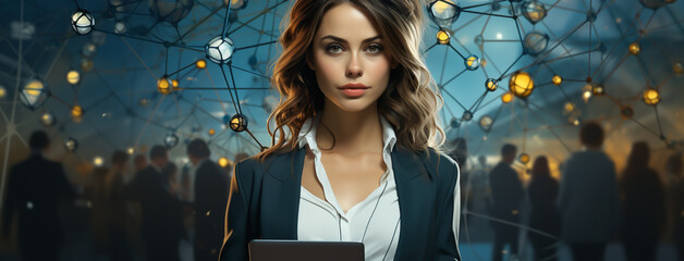 Wide illustration drawing of cute pretty news presenter woman looking at the camera holding a tab computer on her hand in a colorful lines and dots digital futuristic technological background  - obrazy, fototapety, plakaty