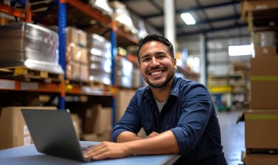 Outdoor kussens Middle aged hispanic warehouse distribution logistic deliery centre manager or employee preofessional smiling at camera with toothy smile surrounded with shelves with cardboard boxes © NickArt