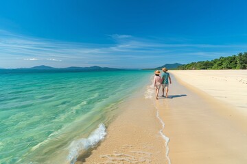 A couple holding hands and walking on a pristine beach with white sand and clear blue water.
