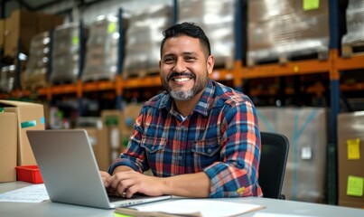 Middle aged hispanic warehouse distribution logistic deliery centre manager or employee preofessional smiling at camera with toothy smile surrounded with shelves with cardboard boxes