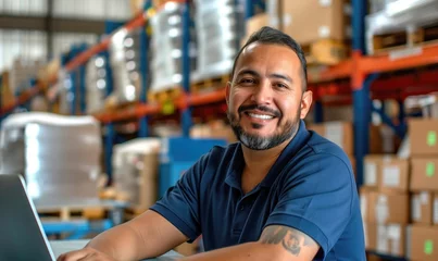  Middle aged hispanic warehouse distribution logistic deliery centre manager or employee preofessional smiling at camera with toothy smile surrounded with shelves with cardboard boxes © NickArt