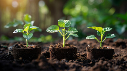 The seedling are growing from the rich soil to the morning sunlight that is shining, ecology concept. Young plant springing up out of the soil. smart farm grain field. Agriculture production concept. 