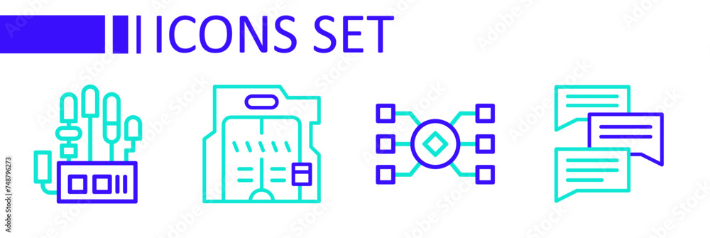 Poster set line speech bubble chat, neural network, futuristic sliding doors and mechanical robot hand icon