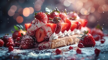 sliced strawberry cream roll, background light with decorations, mindblowing, sharpness, details
