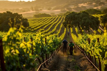 Workers tending to grapevines in a vineyard during golden hour.