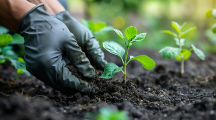 The seedling are growing from the rich soil to the morning sunlight that is shining, ecology concept. Young plant springing up out of the soil. smart farm grain field. Agriculture production concept. 