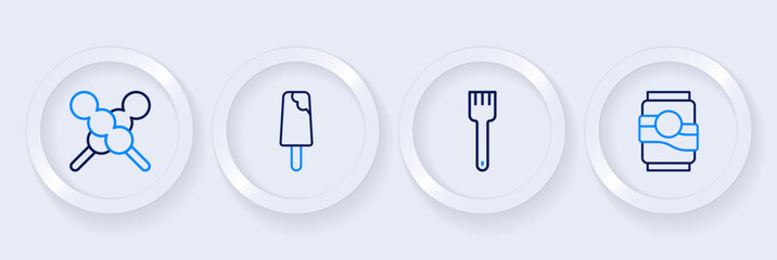 Set line Soda can, Fork, Ice cream and Meatballs on wooden stick icon. Vector