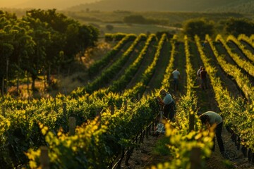 Workers tending to grapevines in a vineyard during golden hour.