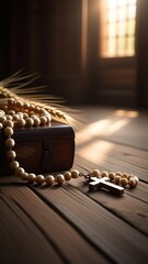 Monastic rosary beads, wooden casket,wooden background,light from the window. - obrazy, fototapety, plakaty