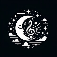 Music streaming sign with relaxing moon and music elements on a dark background.