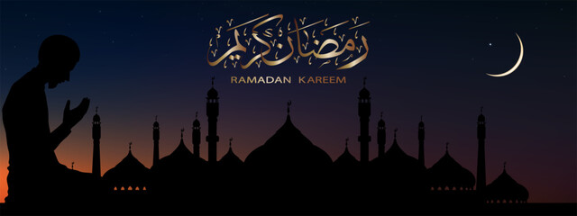 Ramadan Kareem background with prayer and Mosque dome with twilight dusk sky,Silhouette Muslim man making a supplication(salah),Vector symbolic for Islamic religion,Eid a Adha,Eid Mubarak,Eid al fitr