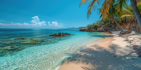 white sand beach with clear water. panoramic beach view wallpaper