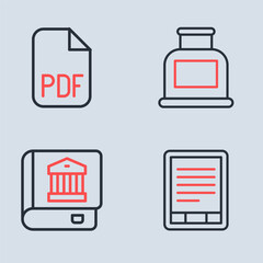 Set line Inkwell, Law book, E-Book reader and PDF file document icon. Vector