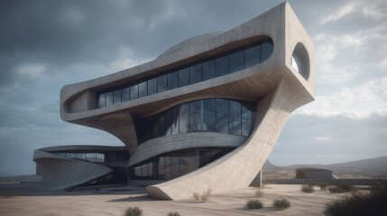 Futuristic architecture. Modern concrete building in geometric style