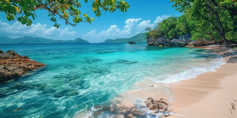 white sand beach with clear water. panoramic beach view wallpaper