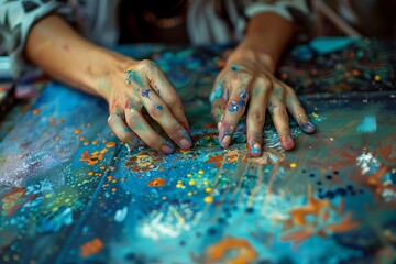 A close-up of a woman's hands creating art painting, showcasing her creativity and talent in art class
