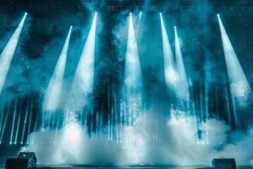 A dramatic stage with bright lights and smoke effects.