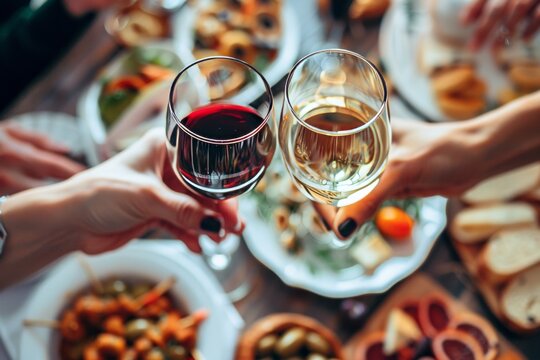 A close-up of hands toasting with glasses of red and white wine over a table with appetizers.