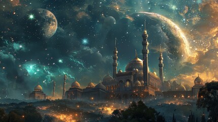 a fantastical mosque set against an awe-inspiring cosmic backdrop with planets and a starry sky, evoking a sense of wonder and exploration. - obrazy, fototapety, plakaty