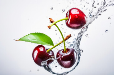 Cherries falling into water with splash and drops on white background