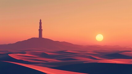 a mosque minaret stands tall amidst a vast desert landscape bathed in the warm light of the setting sun, symbolizing solitude and resilience