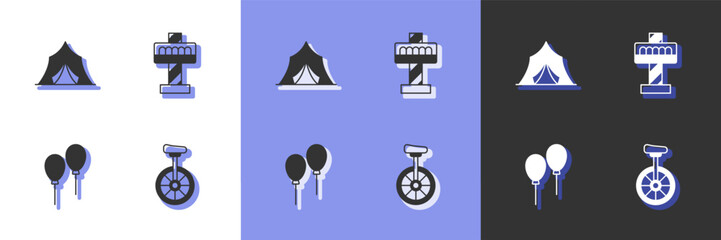 Set Unicycle, Circus tent, Balloons with ribbon and Attraction carousel icon. Vector © Iryna