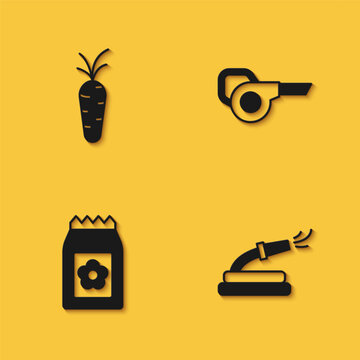 Set Carrot, Garden hose, Pack full of seeds and Leaf garden blower icon with long shadow. Vector