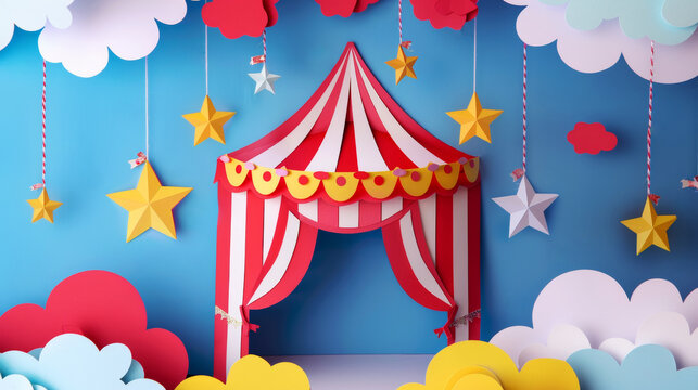 Paper cut Circus or Carnival Frame Background , Circus Tent Background with copy space