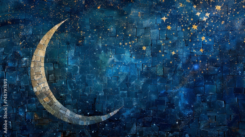 Wall mural an artistically crafted mosaic wall featuring a crescent moon amid a star-filled sky, evoking a sens