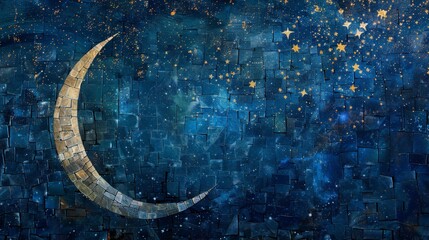 An artistically crafted mosaic wall featuring a crescent moon amid a star-filled sky, evoking a sense of wonder and the infinity of the universe. - obrazy, fototapety, plakaty