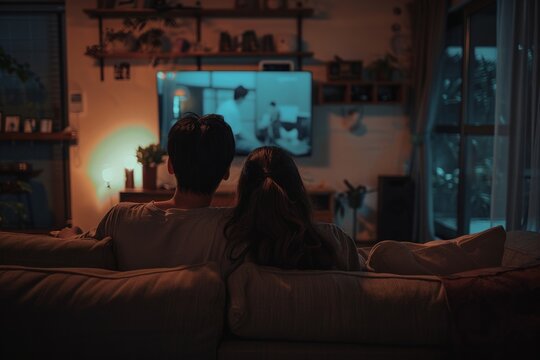 A couple sitting on a couch watching television in a dimly lit room.