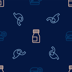 Set line No burger, Human stomach health and Vitamins on seamless pattern. Vector