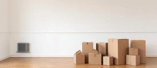 A bunch of blank unsigned moving boxes are stacked on top of a hardwood floor in a spacious, unfurnished room of a new apartment. The cardboard boxes are ready to be unpacked, - obrazy, fototapety, plakaty