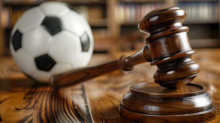 Courtroom, close-up judge's hammer and soccer ball next to it. Concept of court rulings on football world