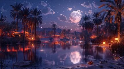 an idyllic oasis at night, illuminated by lanterns and a crescent moon, with palm trees reflecting on tranquil waters - obrazy, fototapety, plakaty
