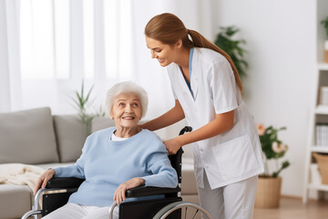 Fototapeta premium Joyful Senior Woman and Caring Nurse in Bright Living Room, Capturing Warm Healthcare Moments.