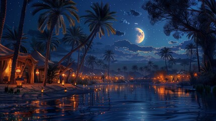 an idyllic oasis at night, illuminated by lanterns and a crescent moon, with palm trees reflecting on tranquil waters - obrazy, fototapety, plakaty