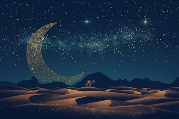 a serene desert night sky filled with stars, with a camel caravan silhouetted against the cosmic backdrop