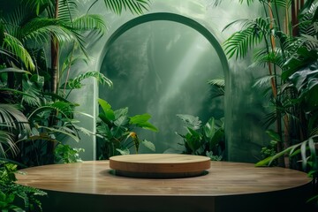 A circular podium surrounded by lush greenery in a room with green walls and an arched opening.
