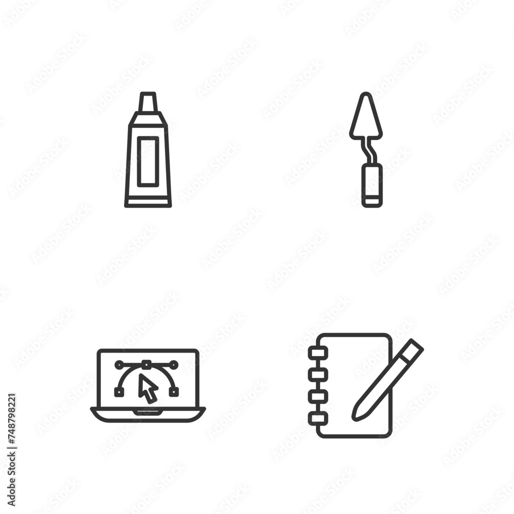 Poster set line notebook, computer with design program, tube paint palette and palette knife icon. vector
