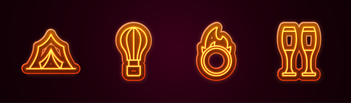 Set line Circus tent, Hot air balloon, fire hoop and Bowling pin. Glowing neon icon. Vector