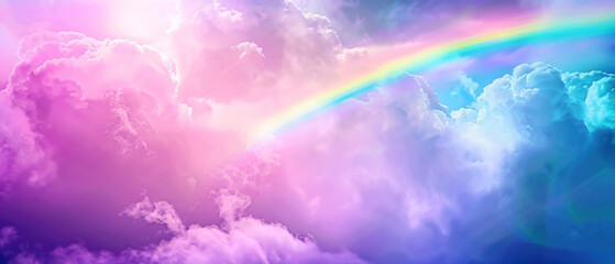 Psychedelic dreamscape with vibrant rainbow bridge emerging from clouds, neon glow effect