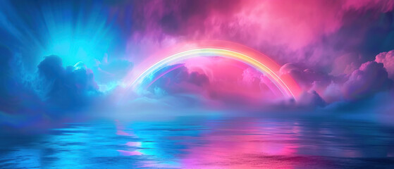 Psychedelic dreamscape with vibrant rainbow bridge emerging from clouds, neon glow effect - obrazy, fototapety, plakaty