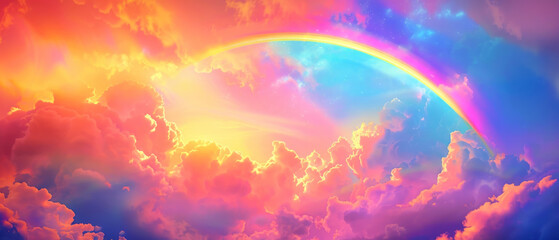 Psychedelic dreamscape with vibrant rainbow bridge emerging from clouds, neon glow effect