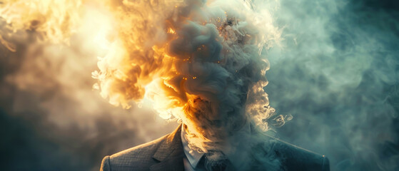 Metaphorical portrait of man with head exploding with smoke, dark vignette, vintage suit - obrazy, fototapety, plakaty