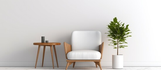 A white chair is positioned next to a table with a potted plant on top. The setup is in a corner of a minimally styled room with a white background, showcasing simplicity and modern design.