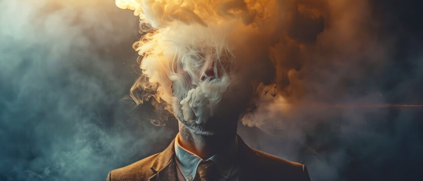 Metaphorical portrait of man with head exploding with smoke, dark vignette, vintage suit